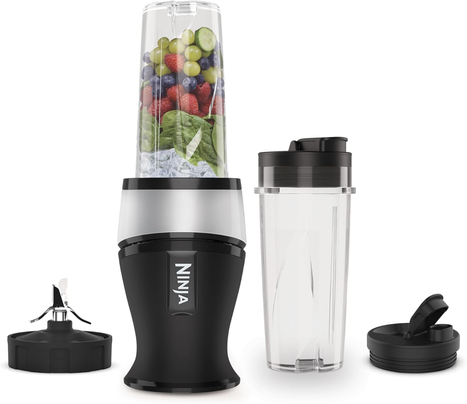Ninja Slim Blender with a clear blending cup filled with fruits, vegetables, and ice, featuring a black base and additional cups for convenience.