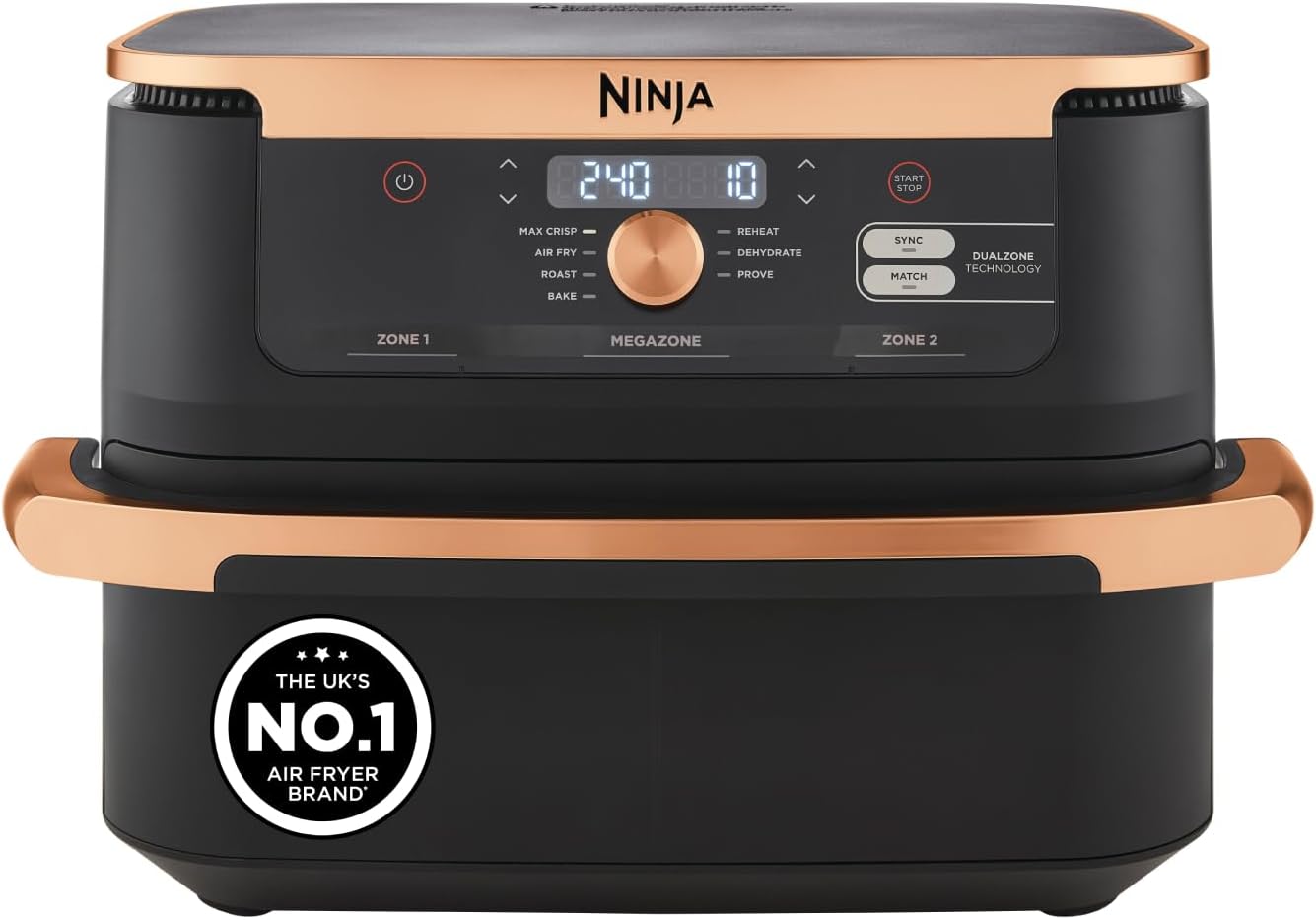 Ninja FlexDrawer Air Fryer featuring dual zone technology and a sleek black and copper design, designed for versatile cooking in a compact format.