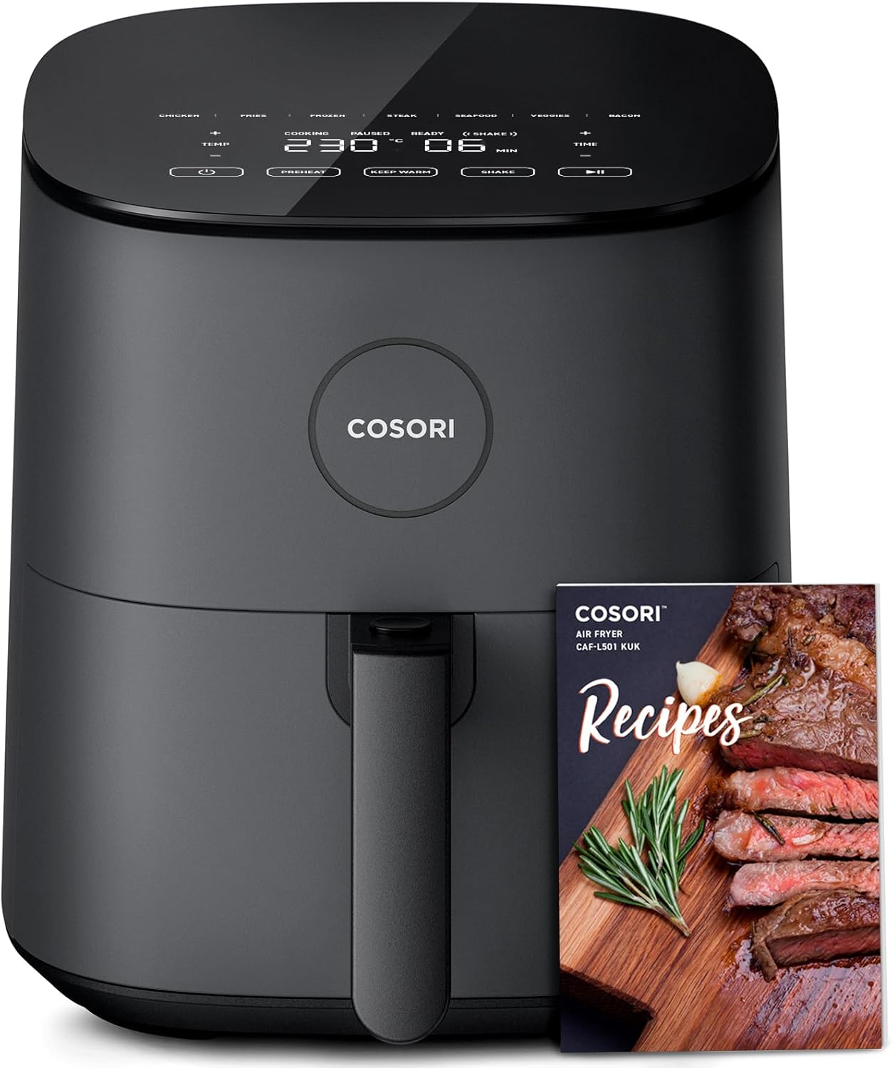 Cosori Air Fryer in a sleek black design with control panel and recipe booklet.