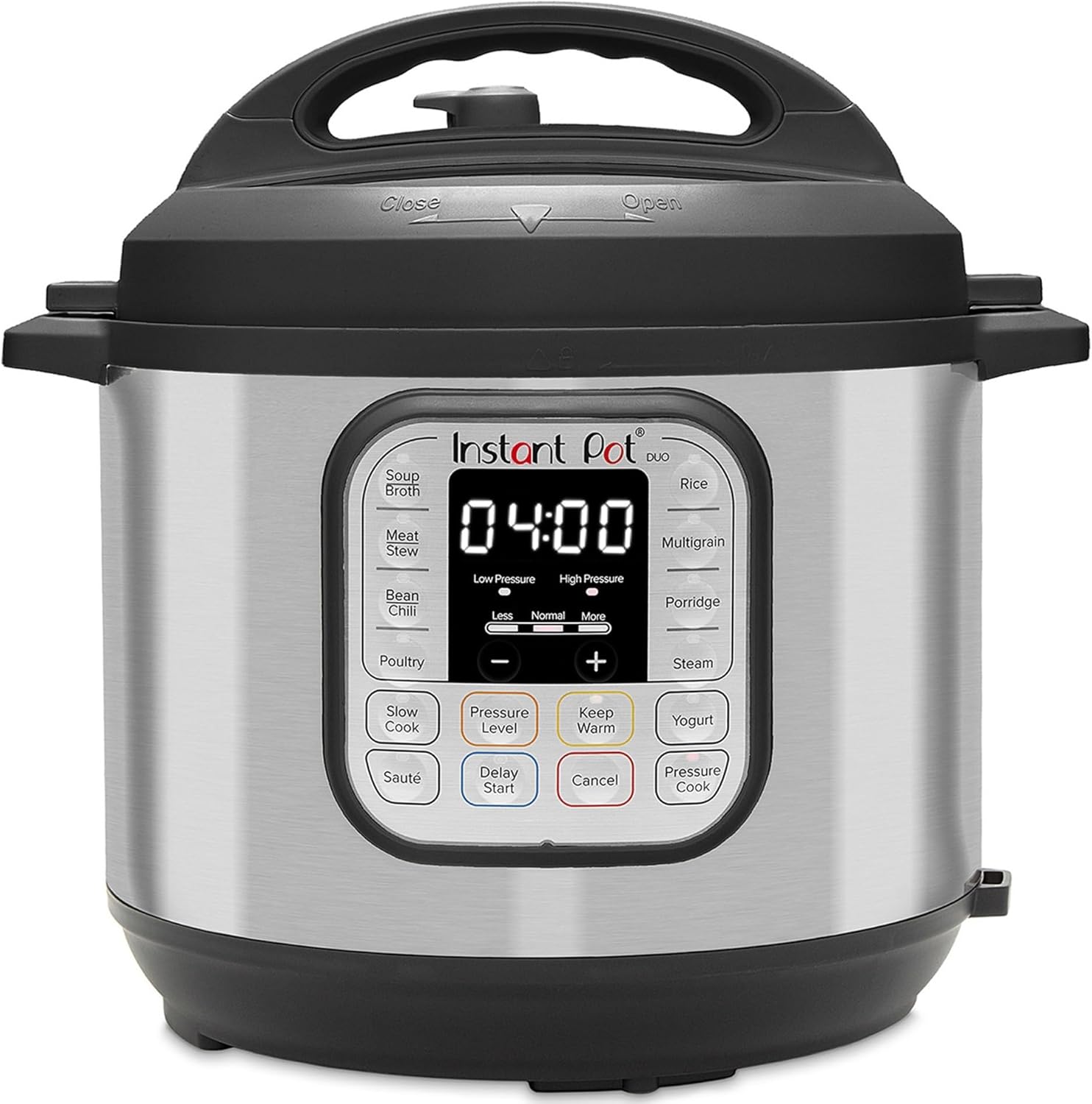 Instant Pot Duo 7-in-1 Multi-Cooker with digital display and control panel, designed for versatile cooking methods.