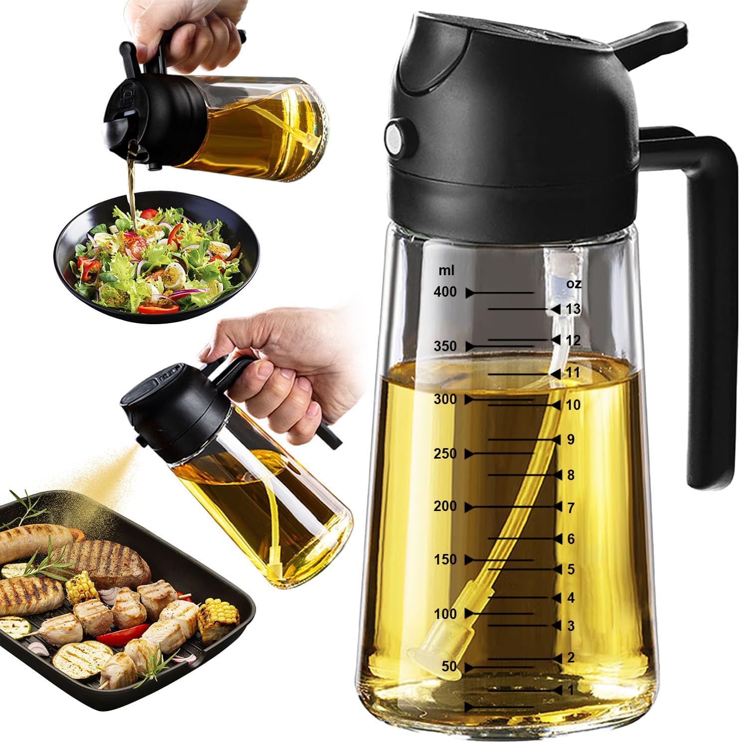 Olive oil spray bottle with spray and pour functionality, showing precision in dispensing oil for cooking.