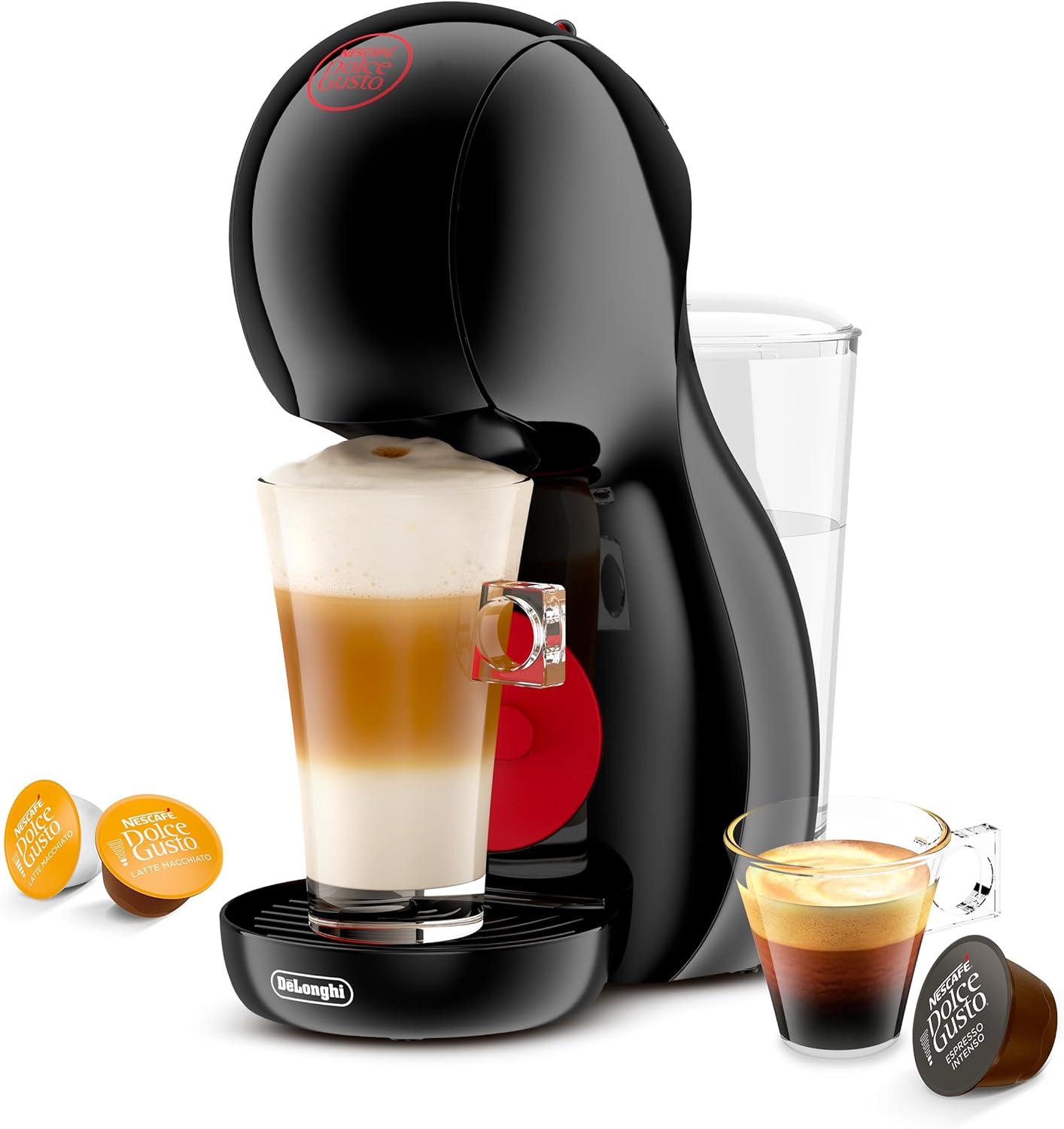 NESCAFÉ Dolce Gusto Piccolo XS coffee machine with a glass of latte macchiato and espresso, featuring a sleek black design and compatible coffee capsules.