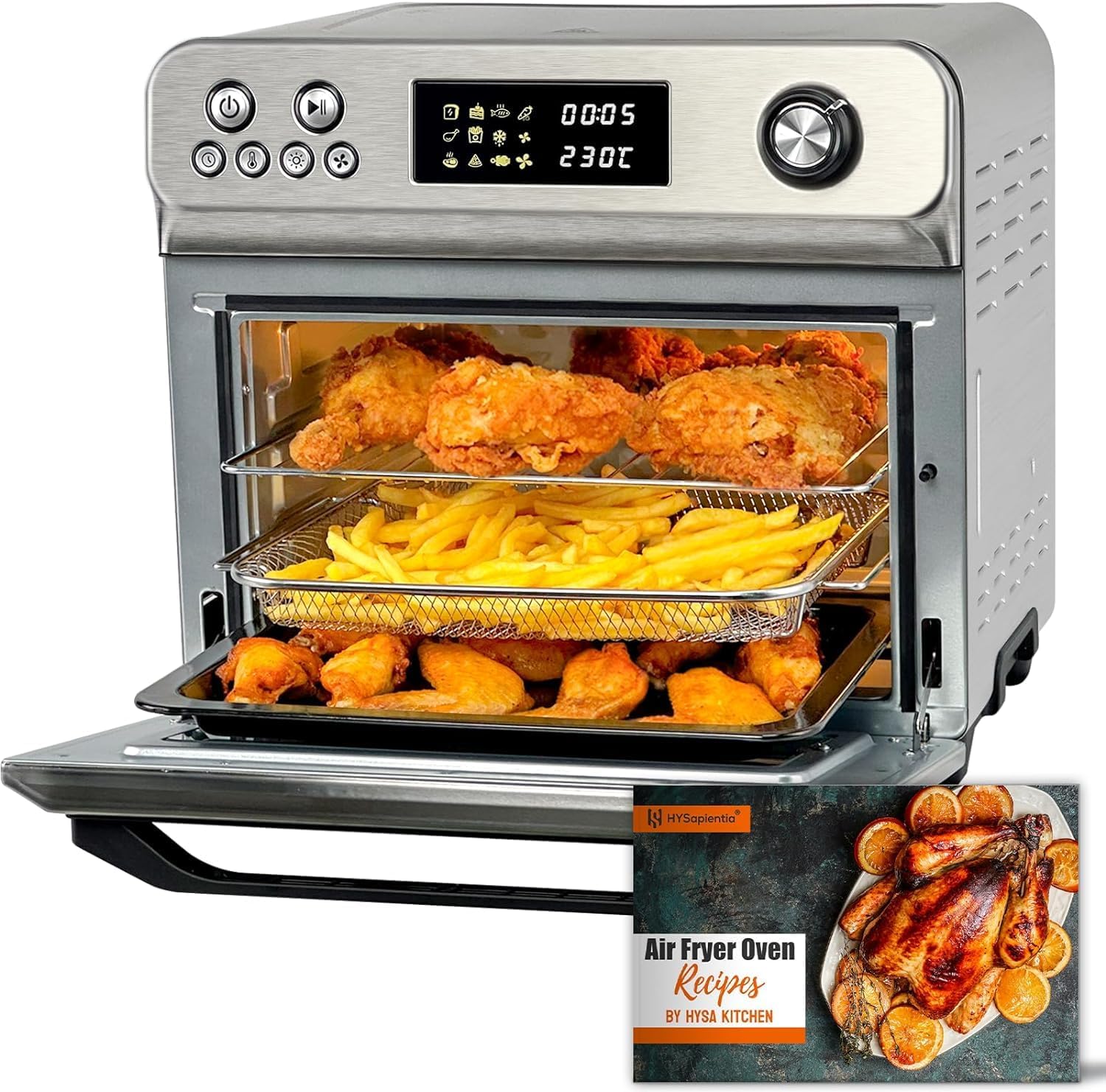 HYSapientia Air Fryer Oven with chicken wings, fries, and a recipe book displayed in front.