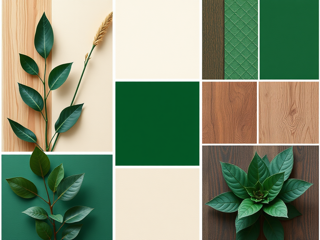 A collage showcasing various shades of emerald green, along with textures of wood, greenery, and fabric, emphasizing the richness and versatility of the color in interior design.