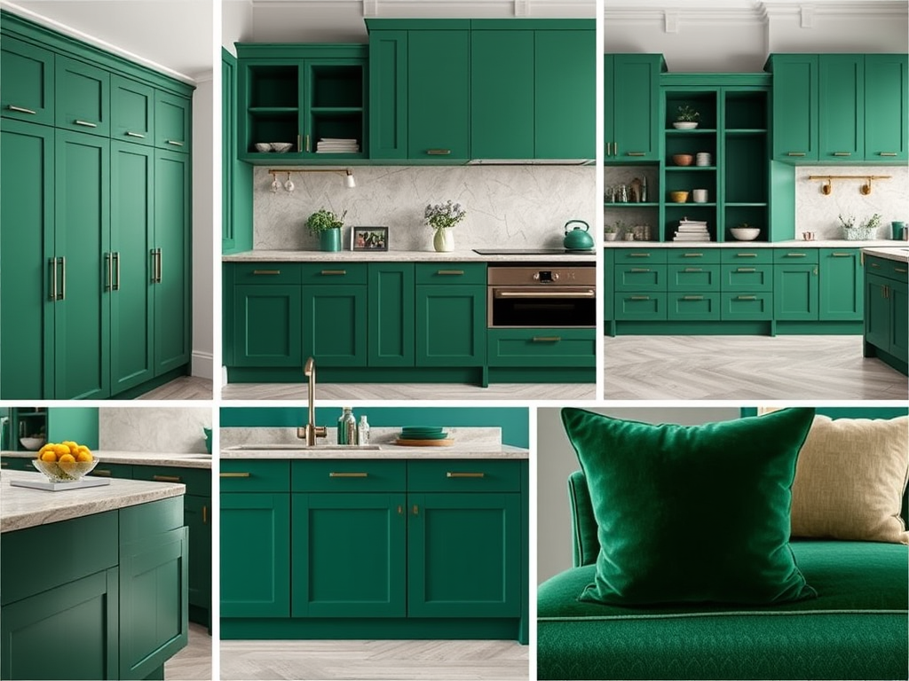 A modern kitchen featuring emerald green cabinetry with sleek gold handles, a marble countertop, and soft furnishings in matching green hues, highlighting a chic and cohesive design.