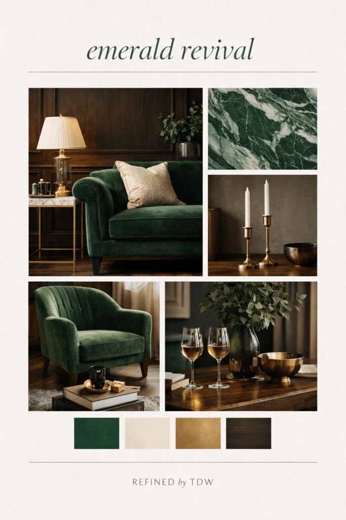 Emerald Revival, is a mood board consisting of the colour emerald. Showcasing the colour used in home interior design. 2026 home colour trends suggest that Emerald Green will rise in in popularity, this image gives great examples and accents to use along with Emerald to make the room pop. 