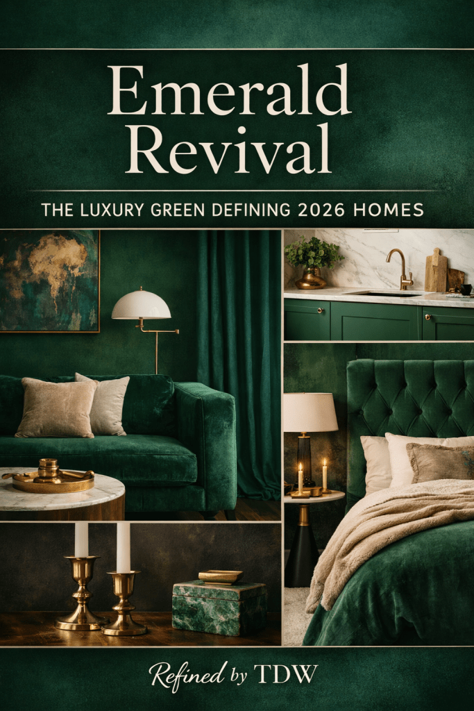 Collage showcasing various uses of emerald green in interior design, featuring a green velvet sofa, curtains, cabinetry, and decorative items with gold accents.