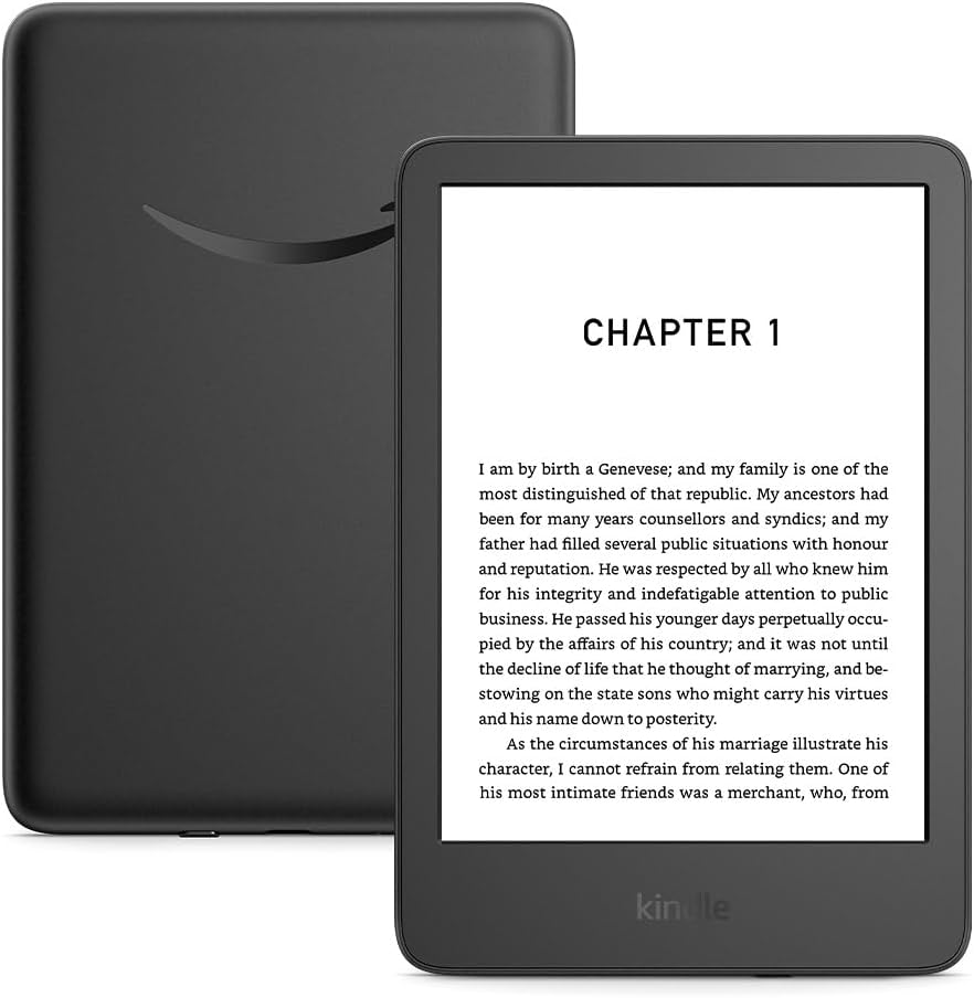 An e-reader displaying the text 'Chapter 1' and an excerpt from a book, with a black device in the background.